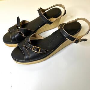 Cherokee Wedge Heels Women's 5 Black Ankle Strap Strappy Leather Open Toe